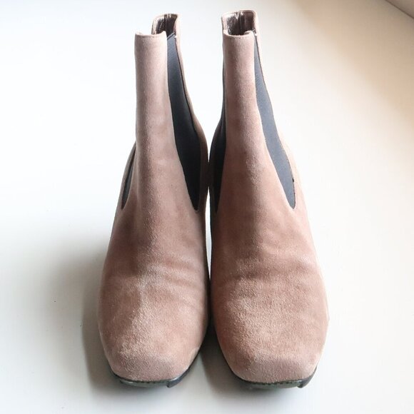 Asgi Beige Suede Leather Square Toe Heeled Chelsea Ankle Boots Booties 7.5 - Picture 3 of 16